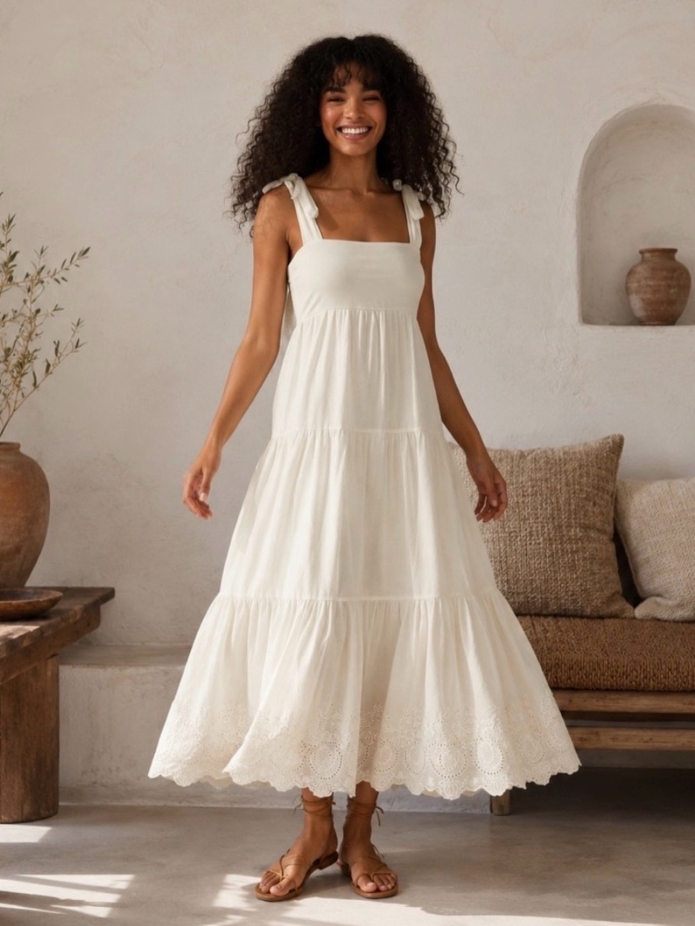 Jason Wu - Cream Tiered Eyelet Tie-Shoulder Maxi Dress Cotton Lace